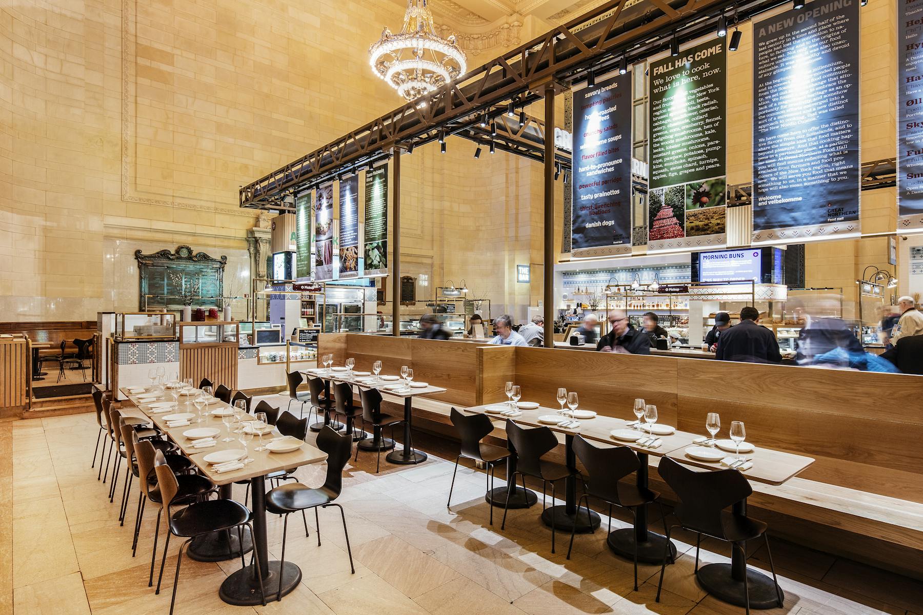 a room filled with dining tables